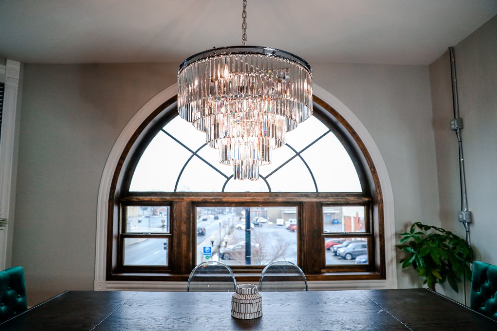 Crystal chandelier and arched window