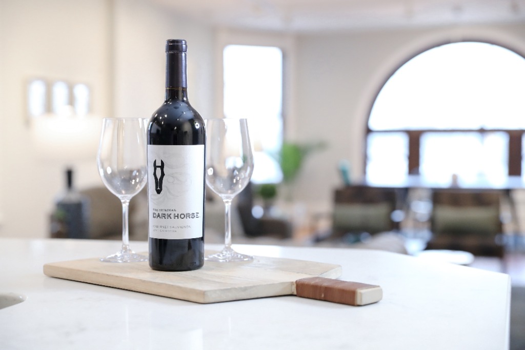 Wine and glasses in The Loft Above